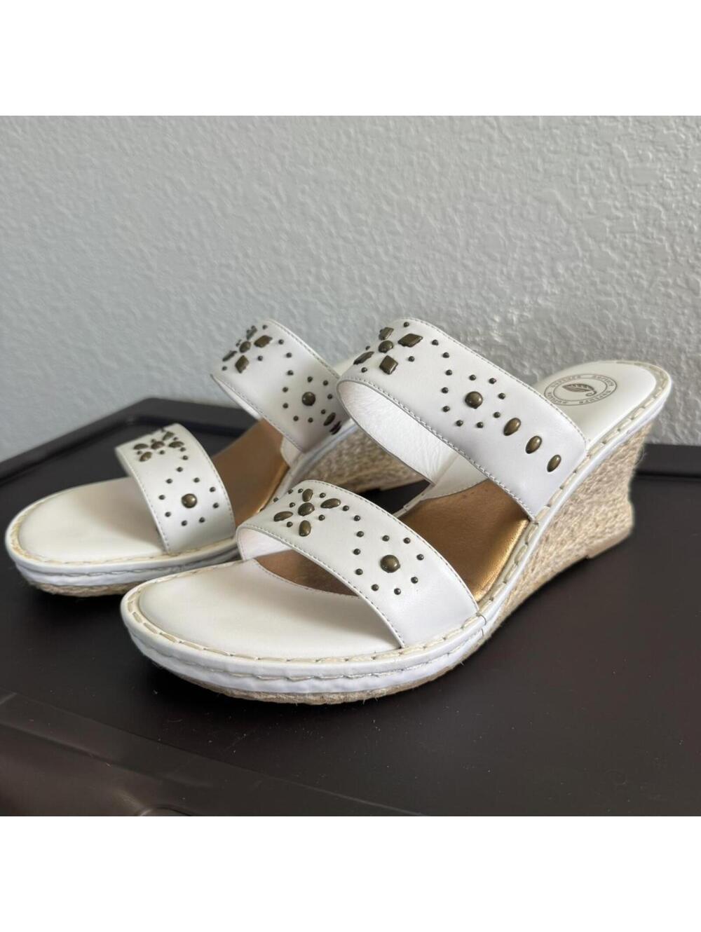 Boho Embellished Y2K Style White Genuine Leather Wedge Sandals, Size 9.5